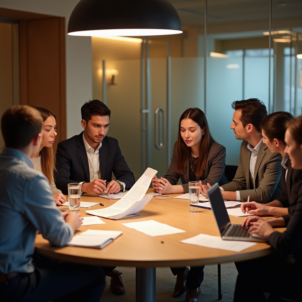 Grupo de profesionales en mesa redonda durante sesión de mentoría