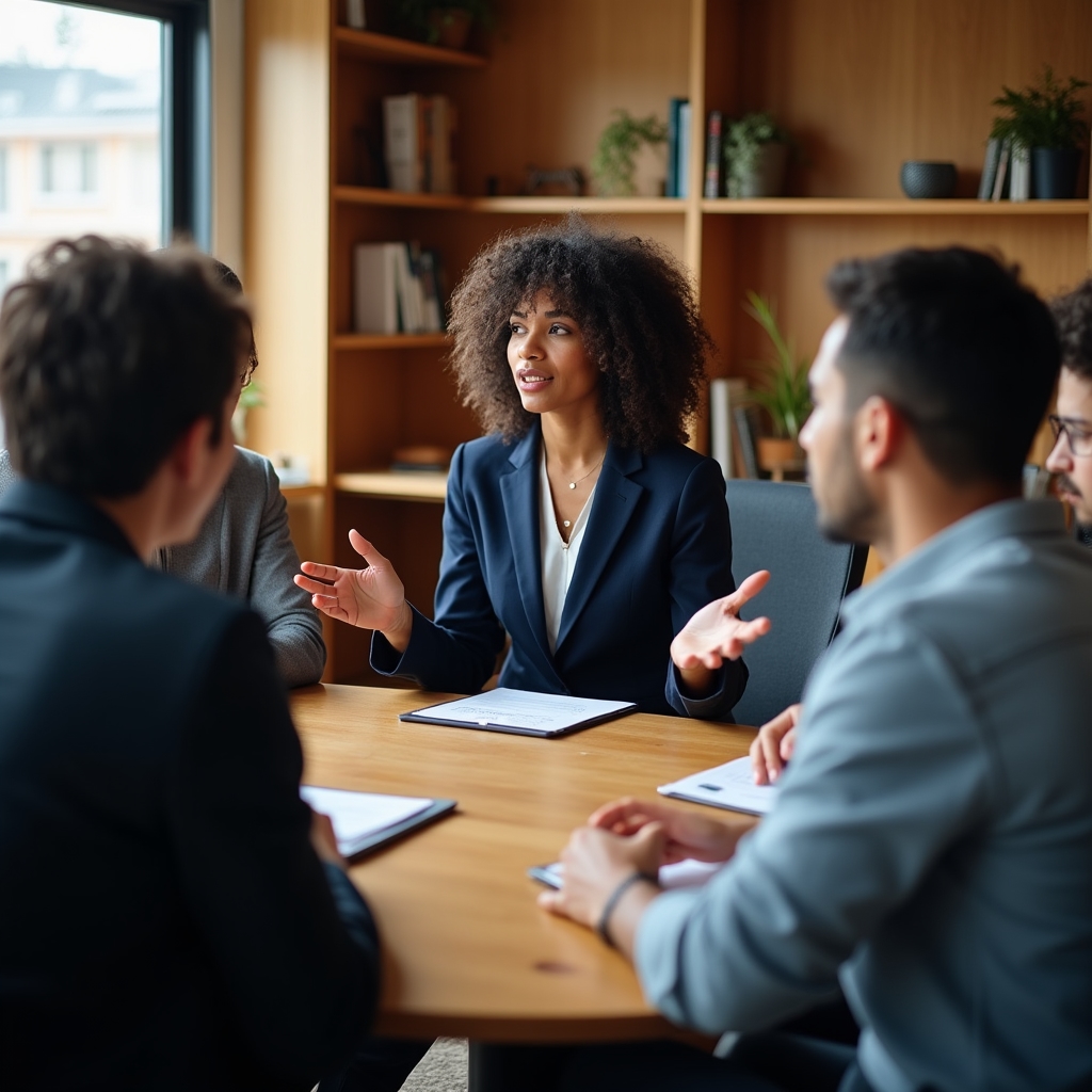 Sesión de mentoría grupal con profesionales jóvenes en conversación